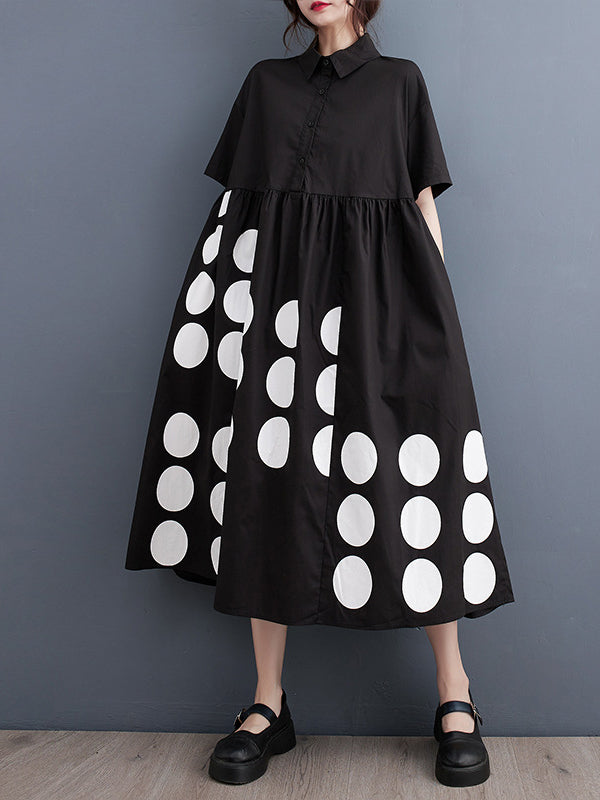 Momentlover Printed Polka Dot Pockets Buttoned Short Sleeves Loose Lapel Midi Dresses
