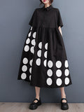 Momentlover Printed Polka Dot Pockets Buttoned Short Sleeves Loose Lapel Midi Dresses