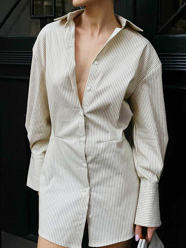 Momentlover Striped Buttoned Loose Long Sleeves Lapel Shirt Dress Mini Dresses