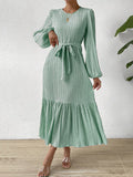 Momentlover A-line Long Sleeves Elasticity Pleated Solid Color Split-Joint Tied Waist Round-neck Midi Dresses