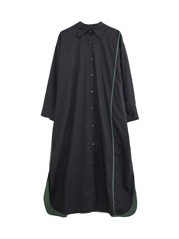 Momentlover Split-Side Split-Joint Buttoned Asymmetric Loose Long Sleeves Lapel Shirt Dress Midi Dresses