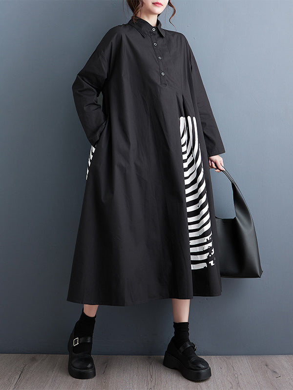 Momentlover Split-Joint Printed Pleated Buttoned Asymmetric Loose Long Sleeves Lapel Shirt Dress Midi Dresses