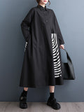 Momentlover Split-Joint Printed Pleated Buttoned Asymmetric Loose Long Sleeves Lapel Shirt Dress Midi Dresses