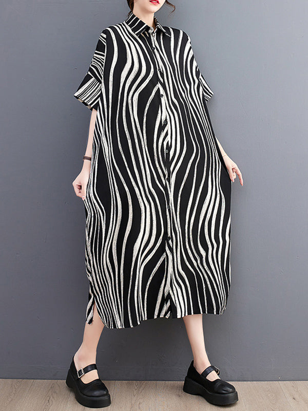 Momentlover Raglan Sleeve Oversize Zebra-Stripe Split-Joint Lapel Midi Dresses Shirt Dress