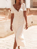 Momentlover Solid Color Pleated Buttoned Short Sleeves High Waisted Deep V-Neck Midi Dresses
