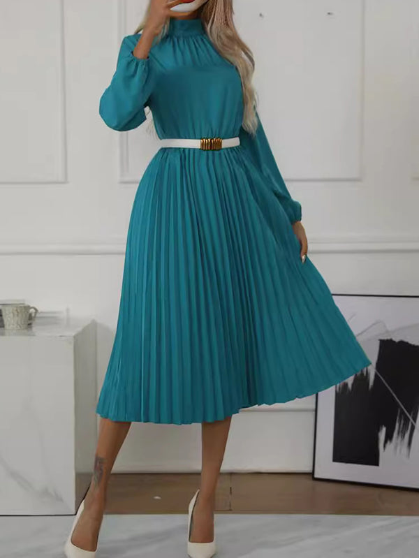 Momentlover Solid Color Pleated No Belt Hollow Elasticity Buttoned Puff Sleeves Loose High Neck Midi Dresses