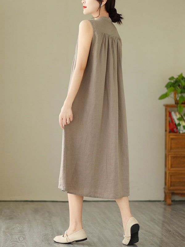Momentlover Solid Color Pleated Buttoned Sleeveless A-Line Round-Neck Midi Dresses