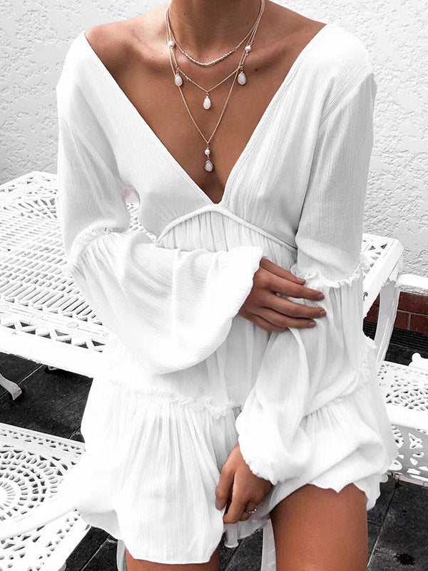 Momentlover Split-Joint Solid Color Pleated Elasticity Backless Puff Sleeves Loose Deep V-Neck Mini Dresses