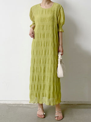 Momentlover Solid Color Pleated Loose Half Sleeves Round-Neck Midi Dresses