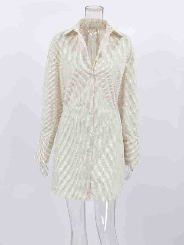 Momentlover Striped Buttoned Loose Long Sleeves Lapel Shirt Dress Mini Dresses
