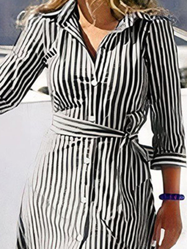 Momentlover Tied Waist Striped Buttoned Loose Long Sleeves V-neck Shirt Dress Maxi Dresses