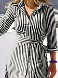Momentlover Tied Waist Striped Buttoned Loose Long Sleeves V-neck Shirt Dress Maxi Dresses