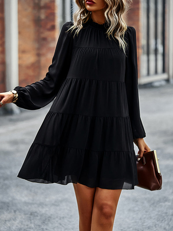 Momentlover Tied Split-Joint Solid Color Pleated Elasticity Long Sleeves High Waisted Mock Neck Mini Dresses