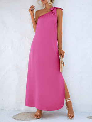momentlover Loose Sleeveless Solid Color One-Shoulder Maxi Dresses