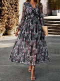 Momentlover Split-Joint Ruffled Flower Print Loose Long Sleeves Deep V-Neck Maxi Dresses