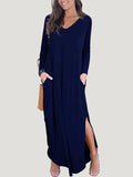 Momentlover Split-Side Solid Color Loose Long Sleeves V-Neck Maxi Dresses