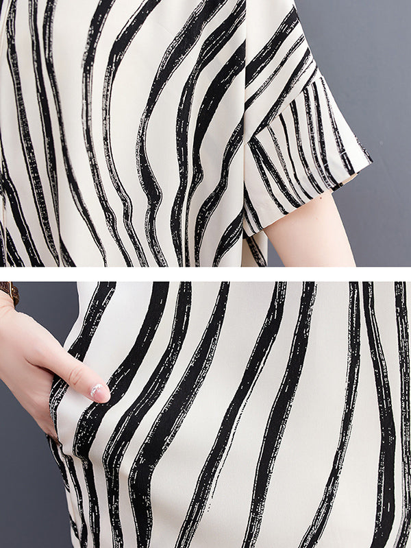 Momentlover Raglan Sleeve Oversize Zebra-Stripe Split-Joint Lapel Midi Dresses Shirt Dress