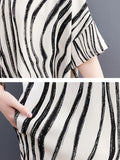 Momentlover Raglan Sleeve Oversize Zebra-Stripe Split-Joint Lapel Midi Dresses Shirt Dress