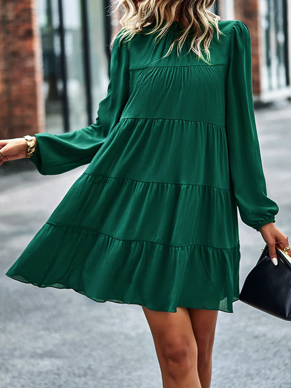 Momentlover Tied Split-Joint Solid Color Pleated Elasticity Long Sleeves High Waisted Mock Neck Mini Dresses