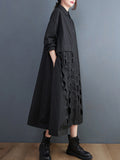 Momentlover Solid Color Polka-Dot Hollow Asymmetric Loose Long Sleeves Lapel Midi Dresses
