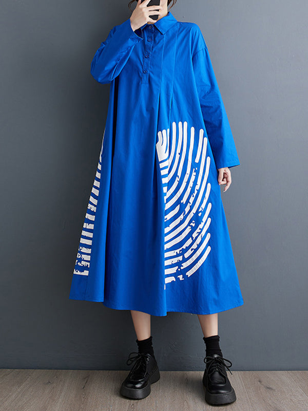 Momentlover Split-Joint Printed Pleated Buttoned Asymmetric Loose Long Sleeves Lapel Shirt Dress Midi Dresses