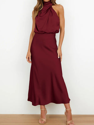 Momentlover Solid Color Sleeveless Halter-Neck Midi Dresses