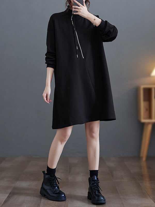 Momentlover Zipper Split-Joint Asymmetric Loose Long Sleeves Mock Neck Sweatershirt Mini Dresses