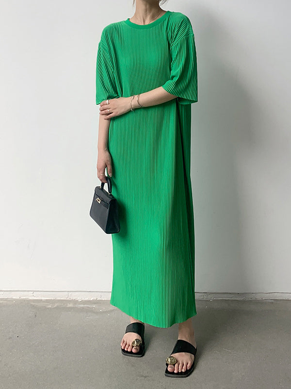 Momentlover Solid Color Pleated Loose Half Sleeves Round-Neck Midi Dresses