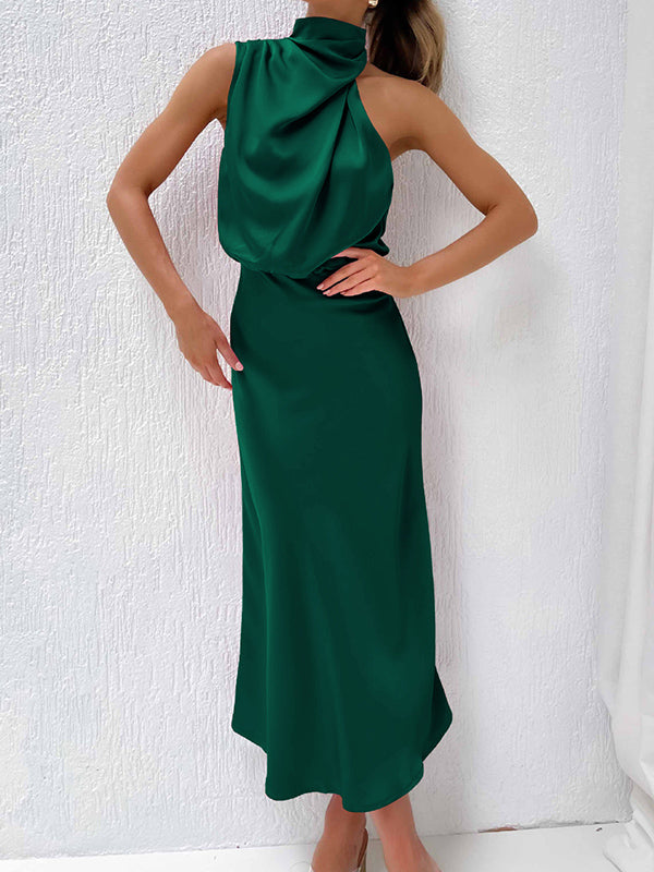 Momentlover Solid Color Sleeveless Halter-Neck Midi Dresses