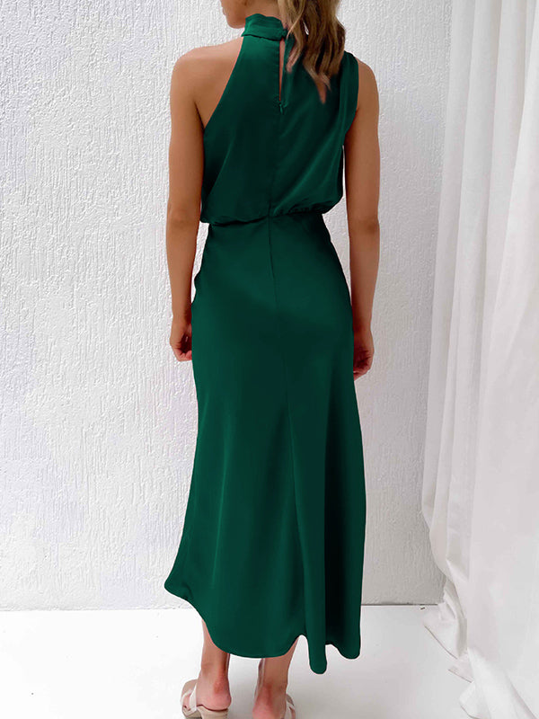 Momentlover Solid Color Sleeveless Halter-Neck Midi Dresses