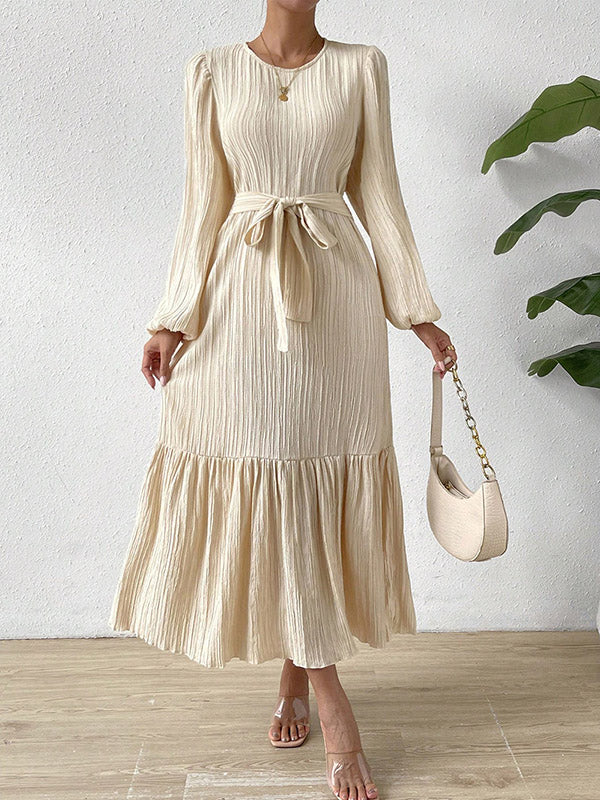 Momentlover A-line Long Sleeves Elasticity Pleated Solid Color Split-Joint Tied Waist Round-neck Midi Dresses