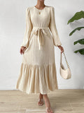 Momentlover A-line Long Sleeves Elasticity Pleated Solid Color Split-Joint Tied Waist Round-neck Midi Dresses