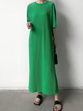 Momentlover Solid Color Pleated Loose Half Sleeves Round-Neck Midi Dresses