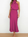 Momentlover Solid Color Sleeveless Halter-Neck Midi Dresses