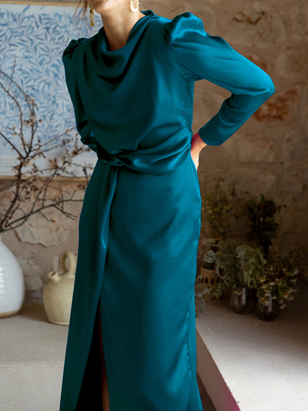 Momentlover Split-Front Solid Color Pleated Long Sleeves High Waisted Mock Neck Maxi Dresses