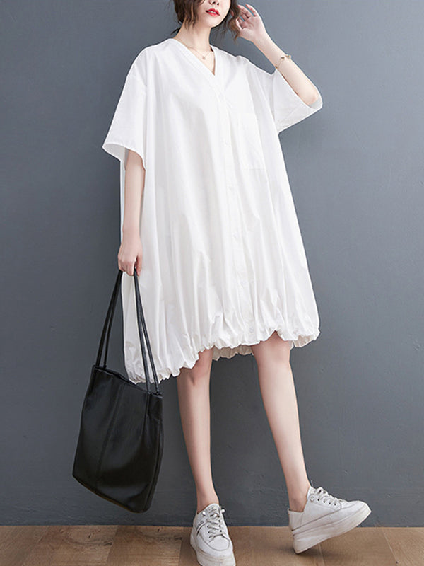 Momentlover Solid Color Short Sleeves Loose V-neck Midi Dresses
