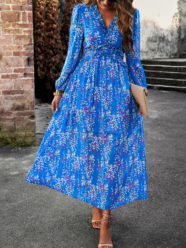 Momentlover Split-Joint Ruffled Flower Print Loose Long Sleeves Deep V-Neck Maxi Dresses