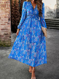 Momentlover Split-Joint Ruffled Flower Print Loose Long Sleeves Deep V-Neck Maxi Dresses