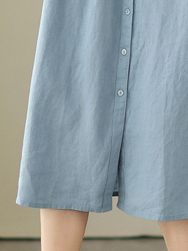 Momentlover Solid Color Pleated Buttoned Sleeveless A-Line Round-Neck Midi Dresses