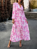 Momentlover Split-Joint Ruffled Flower Print Loose Long Sleeves Deep V-Neck Maxi Dresses