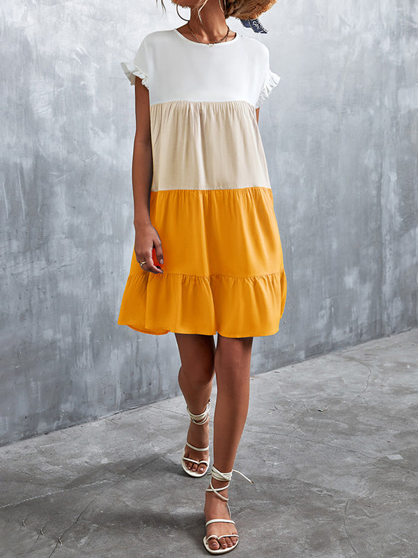 Momentlover Split-Joint Pleated Falbala Contrast Color Ruffle Sleeves Loose Round-Neck Mini Dresses