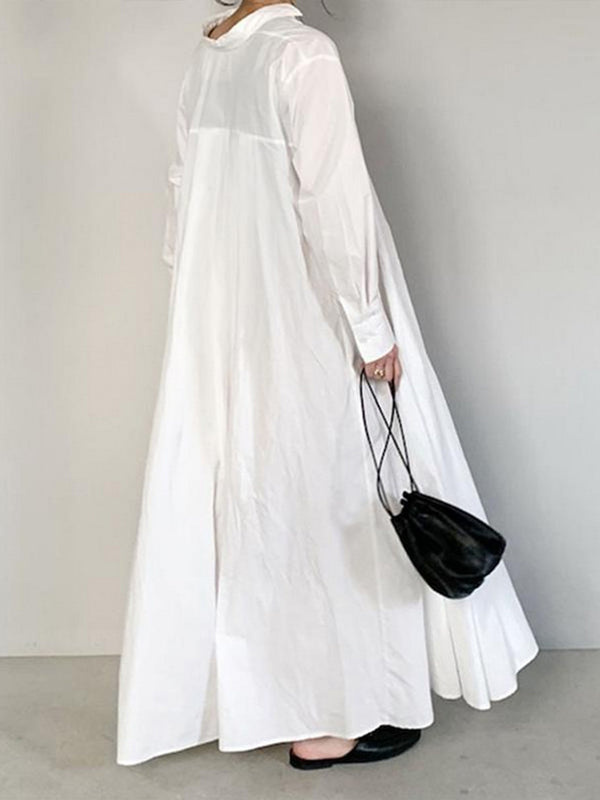 Momentlover Solid Color Loose Long Sleeves Lapel Shirt Dress Maxi Dresses