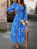 Momentlover Split-Joint Ruffled Flower Print Loose Long Sleeves Deep V-Neck Maxi Dresses