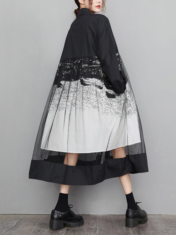 Momentlover Split-Joint Printed Gauze Buttoned Loose Long Sleeves Lapel Midi Dresses
