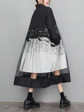 Momentlover Split-Joint Printed Gauze Buttoned Loose Long Sleeves Lapel Midi Dresses