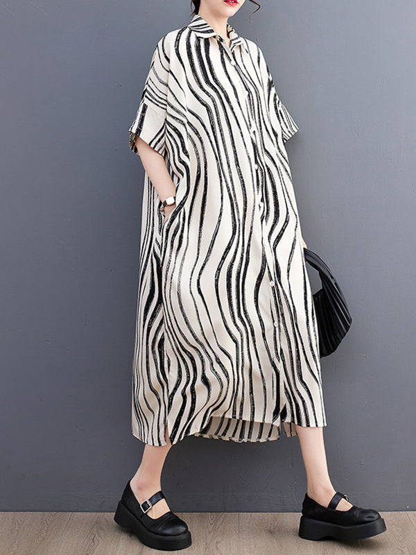Momentlover Raglan Sleeve Oversize Zebra-Stripe Split-Joint Lapel Midi Dresses Shirt Dress