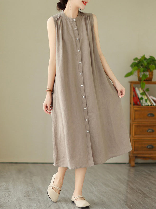 Momentlover Solid Color Pleated Buttoned Sleeveless A-Line Round-Neck Midi Dresses
