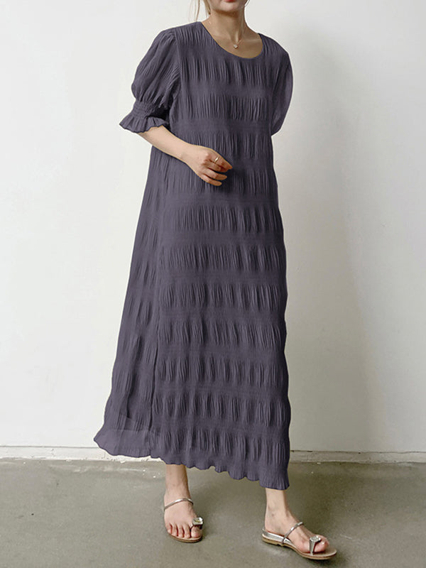 Momentlover Solid Color Pleated Loose Half Sleeves Round-Neck Midi Dresses