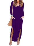 Momentlover Split-Side Solid Color Loose Long Sleeves V-Neck Maxi Dresses