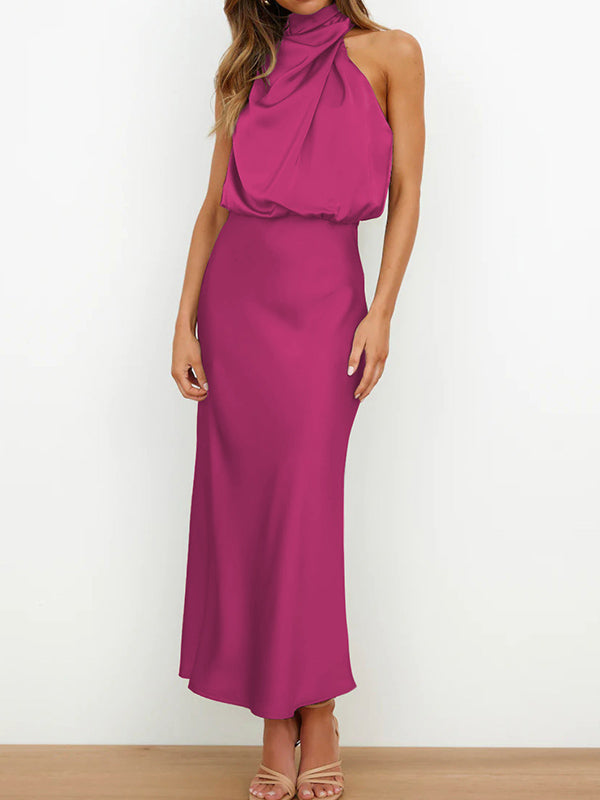 Momentlover Solid Color Sleeveless Halter-Neck Midi Dresses